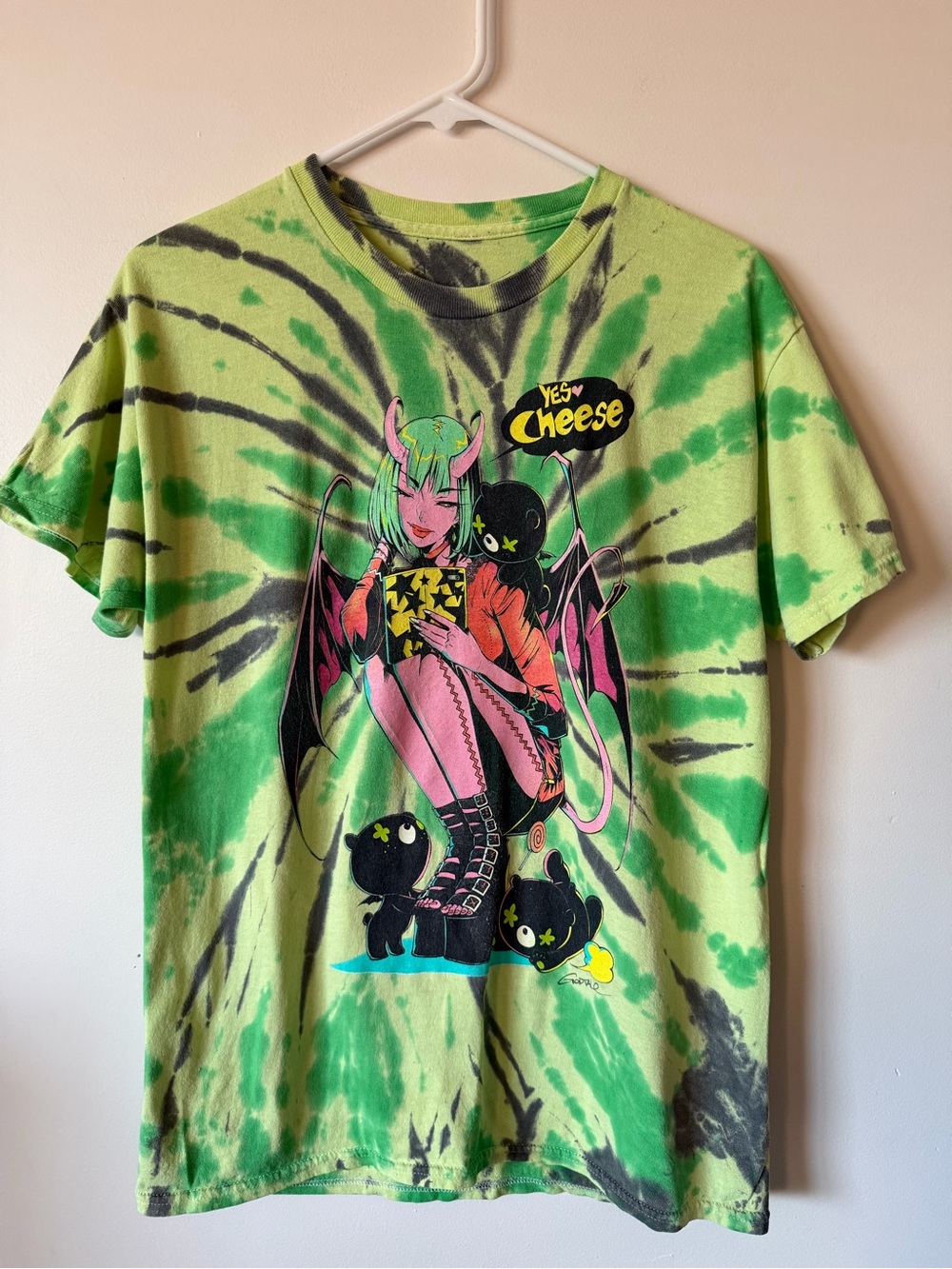 Tie-Dye Graphic Tee with Demon Girl and Cats - Green